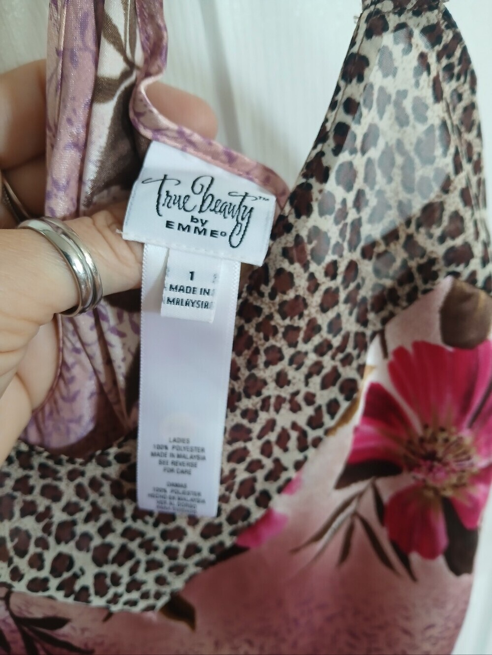 True Beauty By Emme Silky Floral Pink Slip Dress with Animal Trim Sexy Feminine - Picture 2 of 11